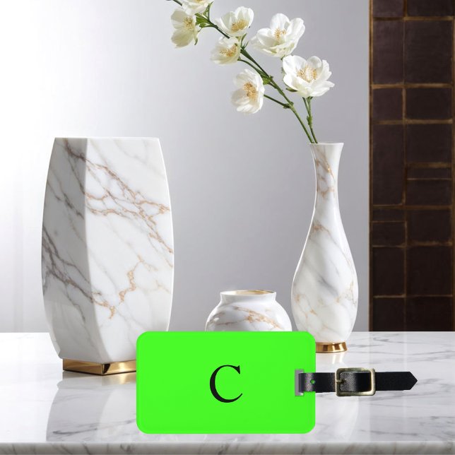 Étiquette À Bagage Neon Green Monogram Cadeau initial Nom personnalis (Créateur téléchargé)