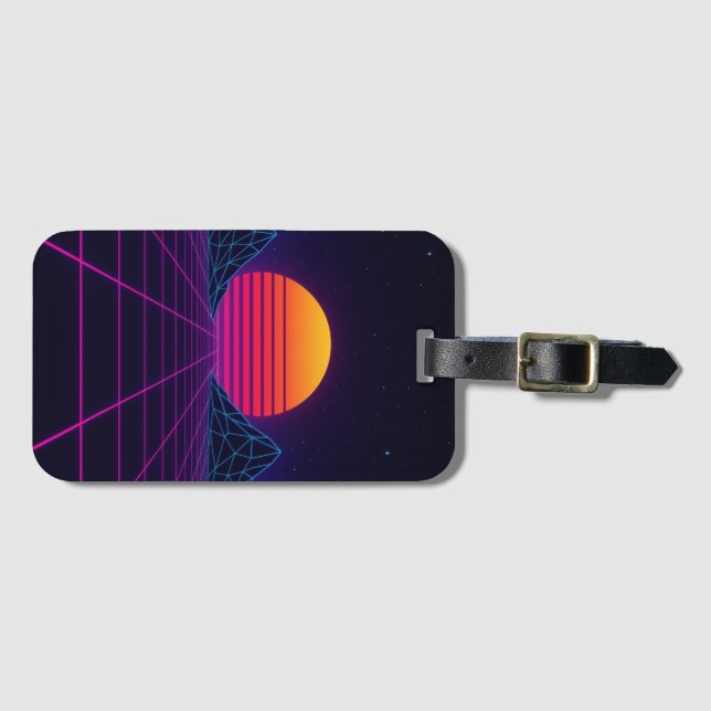 Étiquette À Bagage Neon Sunset Grid - Rétro-Futuriste Synthwave Stic (Devant Horizontal)