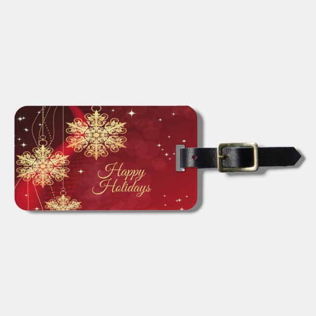 Étiquette À Bagage Noël cadeau Red Golden Snowflakes Holiday (Devant horizontal)