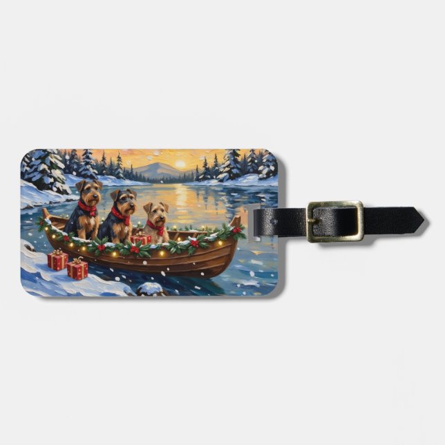 Étiquette À Bagage Noël en bateau avec Airedale Terrier (Devant horizontal)