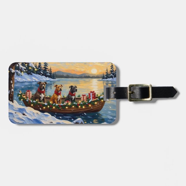 Étiquette À Bagage Noël en bateau avec Pitbull (Devant horizontal)