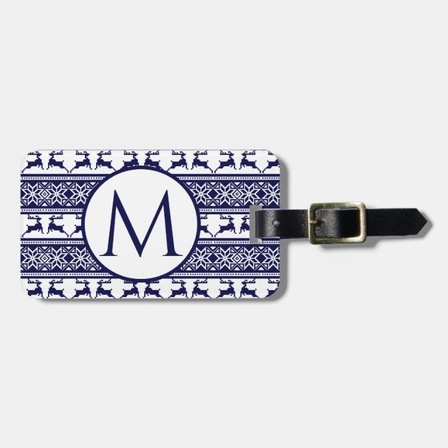 Étiquette À Bagage Noël, le bleu et le blanc scandinave (Devant horizontal)