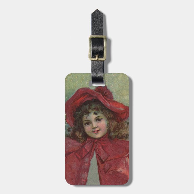 Étiquette À Bagage Noël Victorien Enfant Rouge Casquette Portrait Fil (Devant Vertical)