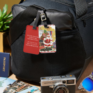 Étiquette À Bagage Noël vintage, Jolly Père Noël avec des présents