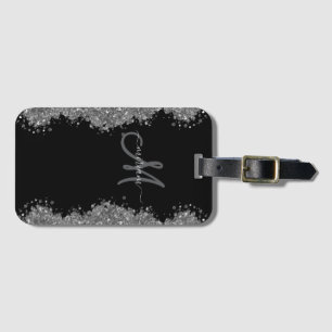Étiquette À Bagage Noir Argent Faux Paillettes Gris Moderne Monogramm