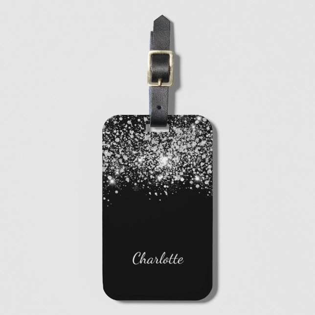 Étiquette À Bagage Noir argent parties scintillant poussière monogram (Devant Vertical)