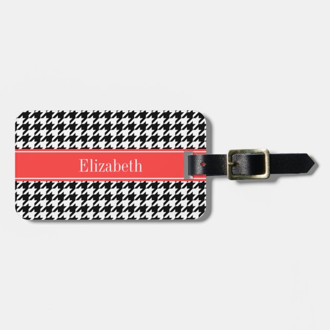 Étiquette À Bagage Noir Blanc Cane Noir Corail Rouge Monogramme Nom (Devant horizontal)