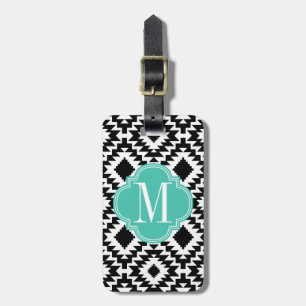 Étiquette À Bagage Noir & Blanc Chic Aztec Tribal Monogramme