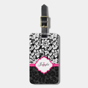 Étiquette À Bagage Noir blanc et rose Vintage Damas florales