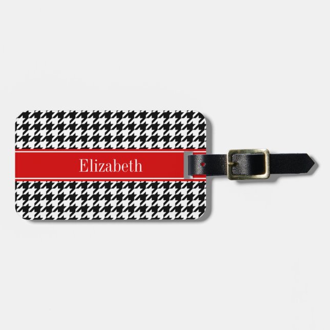 Étiquette À Bagage Noir Blanc Houndstooth Nom rouge Monogramme (Devant horizontal)