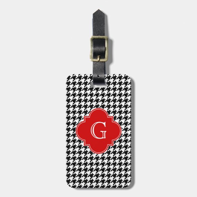 Étiquette À Bagage Noir Blanc Houndstooth Rouge Quatrefoil Monogramme (Devant Vertical)