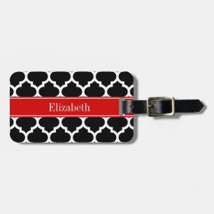 Étiquette À Bagage Noir Blanc Marocain #5 Nom Monogramme Rouge