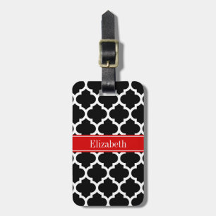 Étiquette À Bagage Noir Blanc Marocain #5 Nom Monogramme Rouge