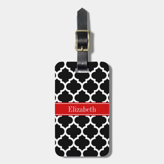 Étiquette À Bagage Noir Blanc Marocain #5 Nom Monogramme Rouge (Devant Vertical)