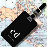 Étiquette À Bagage Noir blanc nom initiales minimaliste moderne<br><div class="desc">Un arrière - plan noir classique. Personnalisez et ajoutez vos lettres initiales monographiques et votre nom en blanc. Moderne,  tendance et simple. Retour : ajoutez vos coordonnées.</div>