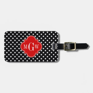Étiquette À Bagage Noir Blanc Points Polka Rouge Quatrefeuille 3 Mono