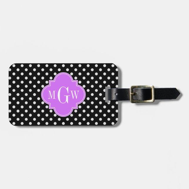 Étiquette À Bagage Noir Blanc Pois Lilac Quatrefoil 3 Monogramme (Devant horizontal)