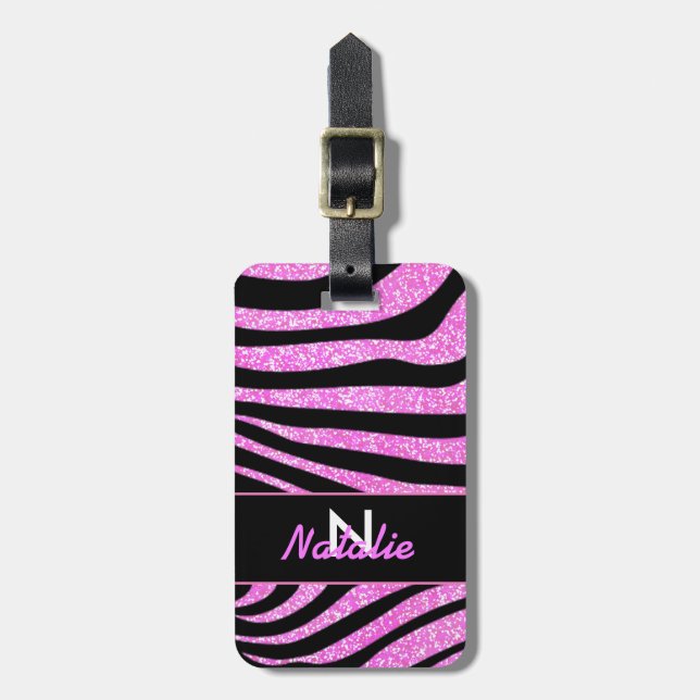 ÉTIQUETTE À BAGAGE NOIR BOLD ZEBRA STRIPES NOM PARTIES SCINTILLANT TU (Devant Vertical)