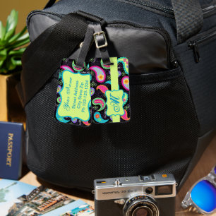 Étiquette À Bagage Noir coloré moderne Motif Monogramme  Paisley