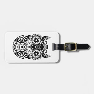 Étiquette À Bagage Noir et blanc de hibou de crâne de sucre