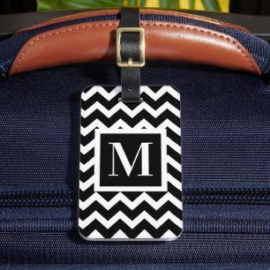 Étiquette À Bagage Noir et blanc Moderne Elégant Zigzag Monogramme