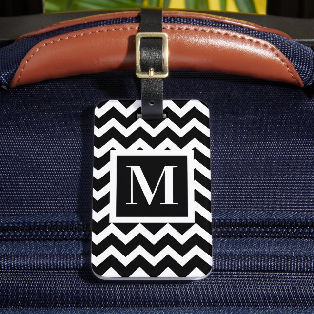 Étiquette À Bagage Noir et blanc Moderne Elégant Zigzag Monogramme (Insitu Rectoal 2)