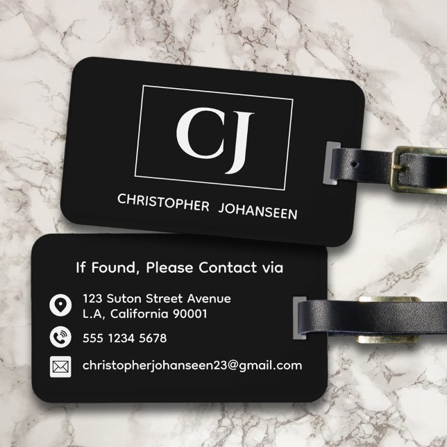 Étiquette À Bagage Noir et blanc Moderne simple simple Monogramme (Créateur téléchargé)