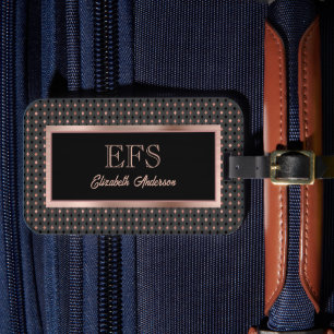 Étiquette À Bagage Noir et Coppery Faux Rose Or Élégant Monogramme