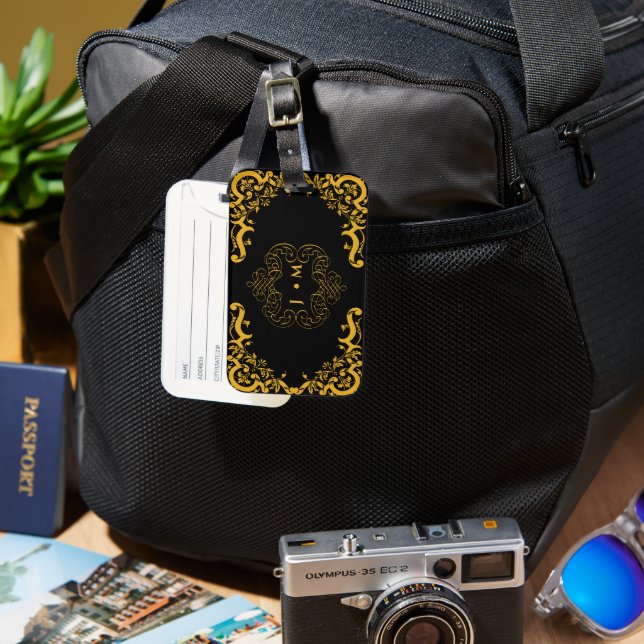 Étiquette À Bagage Noir et or avec éléments décoratifs (Recto & Verso)