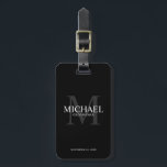 Étiquette À Bagage Noir Groomsmen Personnalisé Nom et monogramme<br><div class="desc">Ajoutez une touche personnelle à votre mariage avec une étiquette de bagage personnalisée pour groomsmen. Cette étiquette de bagage comporte le nom du marionnettiste personnalisé avec titre et date mariage en blanc et monogramme en gris comme arrière - plan, dans le style de police serif classique, sur arrière - plan...</div>