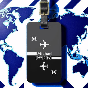 Étiquette À Bagage Noir moderne / Blanc luggagetag avec nom