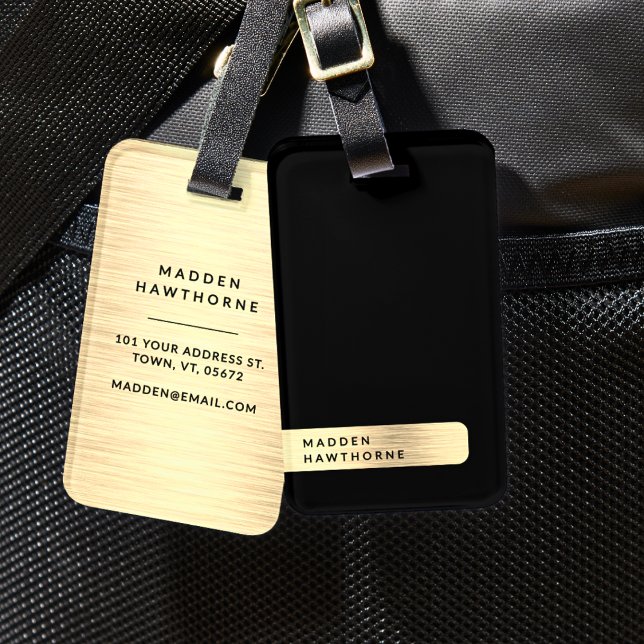 Étiquette À Bagage Noir Or Moderne Élégant Simple Brossé Métal (Créateur téléchargé)