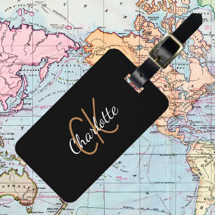 Étiquette À Bagage Noir or monogramme initiales nom script élégant