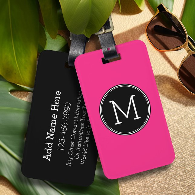 Étiquette À Bagage Noir solide et rose chaud avec Monogramme (Personalized luggage tag - Add Your contact information and monogram)
