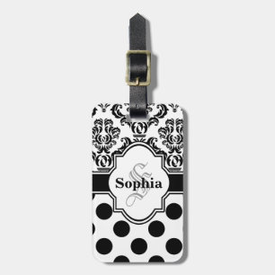 Étiquette À Bagage Noir Vintage Damask migte Pois