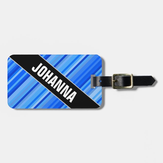 Étiquette À Bagage Nom à angles + Rayures d'étiquette bleue de bagage (Devant horizontal)