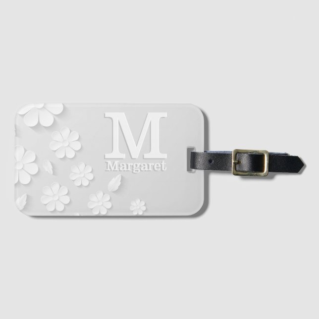 Étiquette À Bagage Nom à relief floral blanc initiales personnalisées (Devant Horizontal)