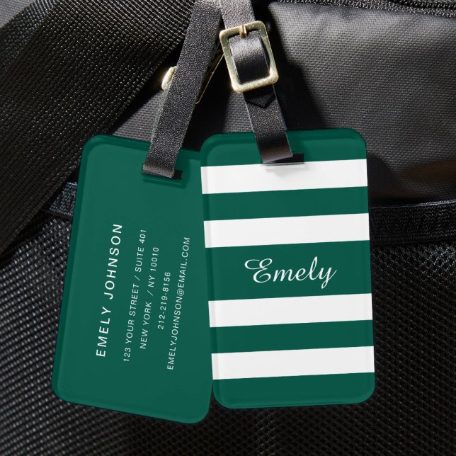 Étiquette À Bagage Nom aux rayures vertes modernes  (Modern Green Stripes Name Luggage Tag)