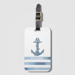 Étiquette À Bagage Nom de bateau nautique, Ancre, Corde, Rayures bleu