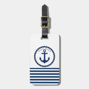 Étiquette À Bagage Nom de bateau nautique, ancre rayée bleu marine