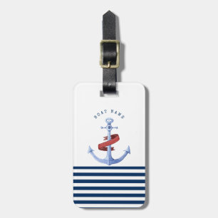 Étiquette À Bagage Nom de bateau nautique, bleu ancre marine rayé ble