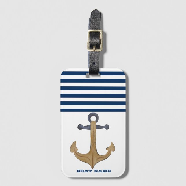 Étiquette À Bagage Nom de bateau nautique, Rayure bleu marine d'ancre (Devant Vertical)