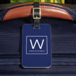 Étiquette À Bagage Nom de couple du monogramme initial de la famille<br><div class="desc">Un design monogramme élégant sur arrière - plan bleu marine avec bordure carré,  personnalisé avec vos initiales et prénoms de famille...  pour identifier facilement vos bagages</div>