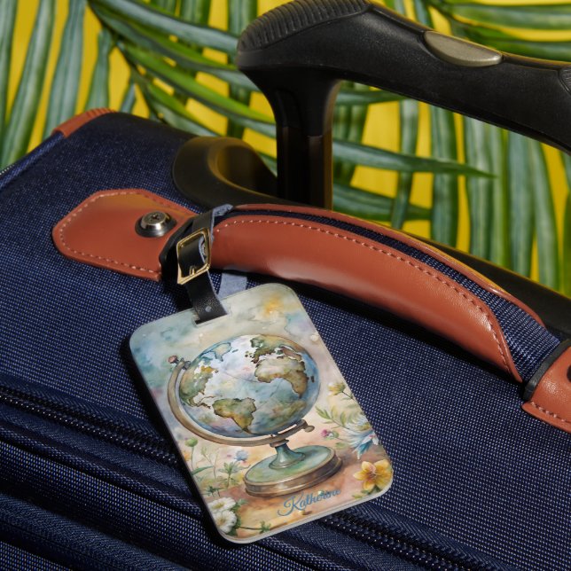 Étiquette À Bagage Nom de globe terrestre floral boho en écriture (Insitu Rectoal 1)