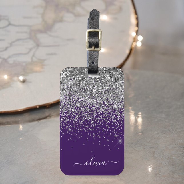 Étiquette À Bagage Nom de jeune fille pailleté argent violet (Créateur téléchargé)