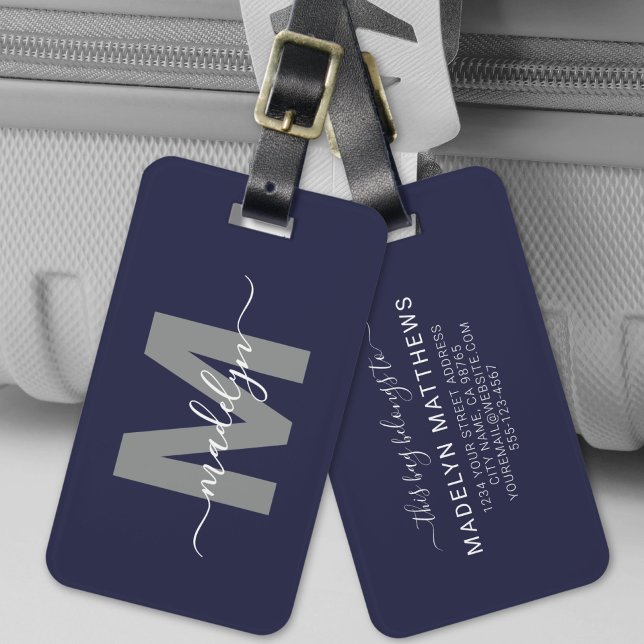 Étiquette À Bagage Nom de la marine Blue Elegant Monogramme (Navy Blue Elegant Name Monogram Luggage Tag)