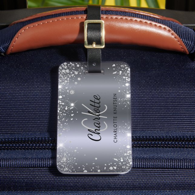 Étiquette À Bagage Nom de la parties scintillant en argent initiales  (Insitu Rectoal 2)