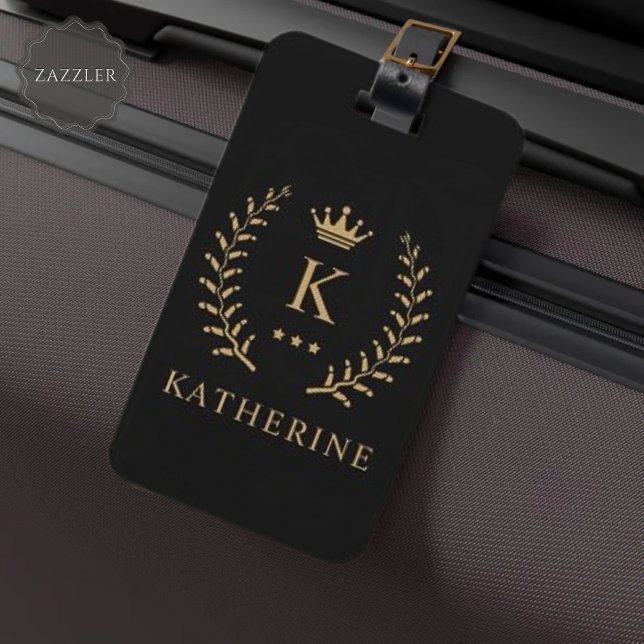 Étiquette À Bagage Nom de la Personnaliser et premier monogramme noir (Customize Name & Initial Black White Gold Monogram Luggage Tag)