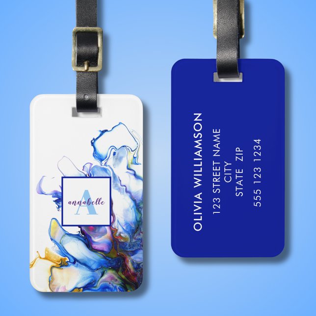 Étiquette À Bagage Nom de l'agate d'art fluide Abstrait bleu (Colorful abstract fluid art luggage tag with custom name and personalized address details to reverse)