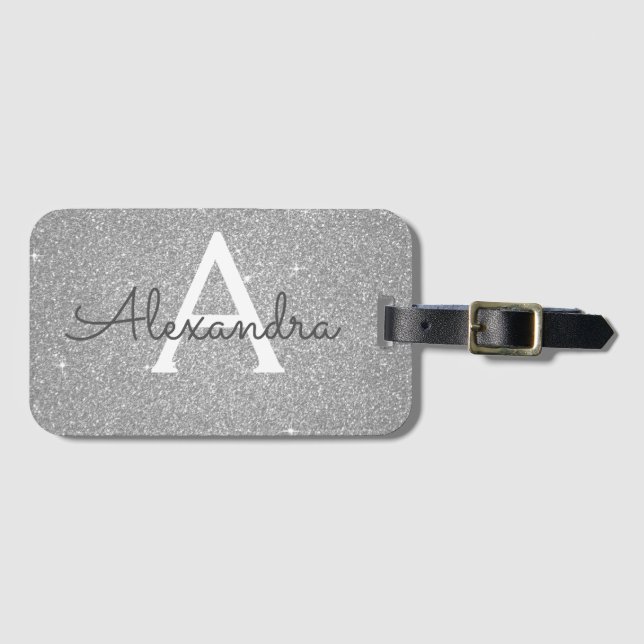 Étiquette À Bagage Nom de monogramme avec paillettes scintillantes ar (Devant Horizontal)